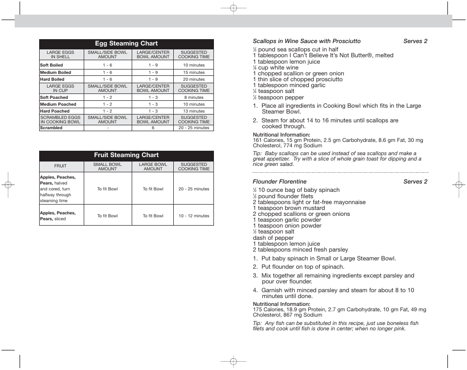 Egg steaming chart, Fruit steaming chart | Toastmaster EST7CAN User Manual | Page 22 / 48
