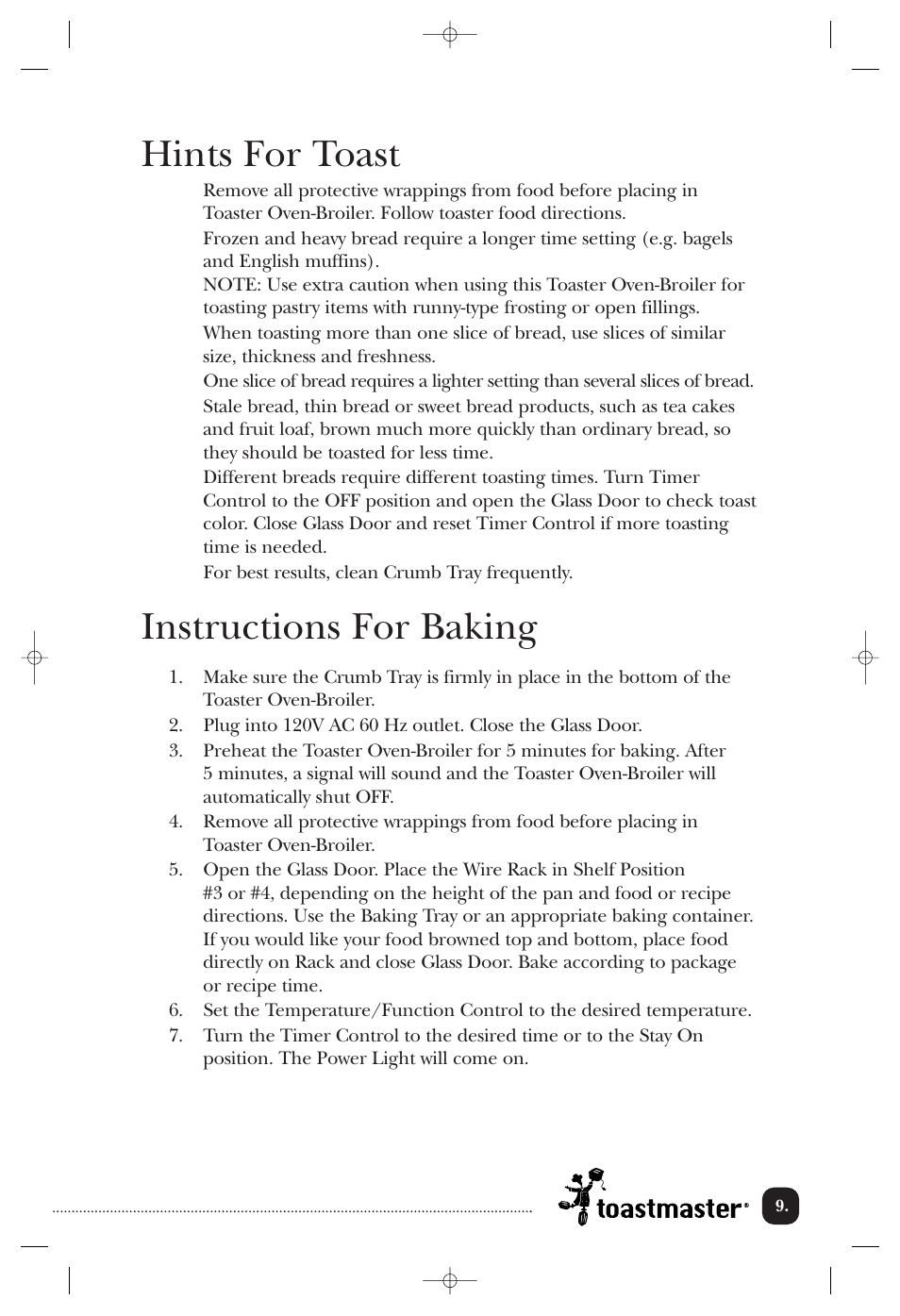 Hints for toast, Instructions for baking | Toastmaster TOV200CAN User Manual | Page 10 / 22