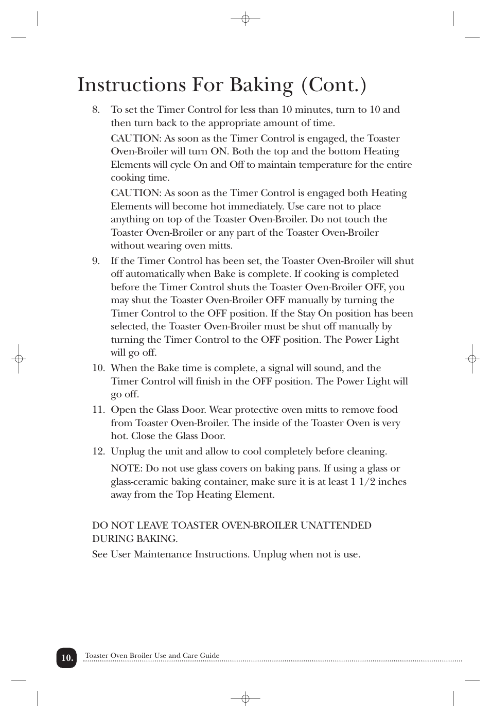 Instructions for baking (cont.) | Toastmaster TOV200CAN User Manual | Page 11 / 22