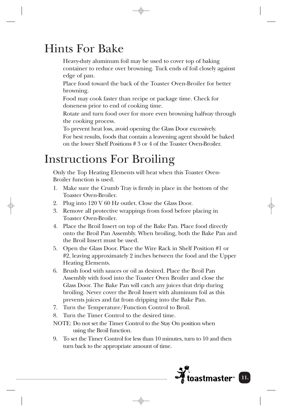 Hints for bake, Instructions for broiling | Toastmaster TOV200CAN User Manual | Page 12 / 22