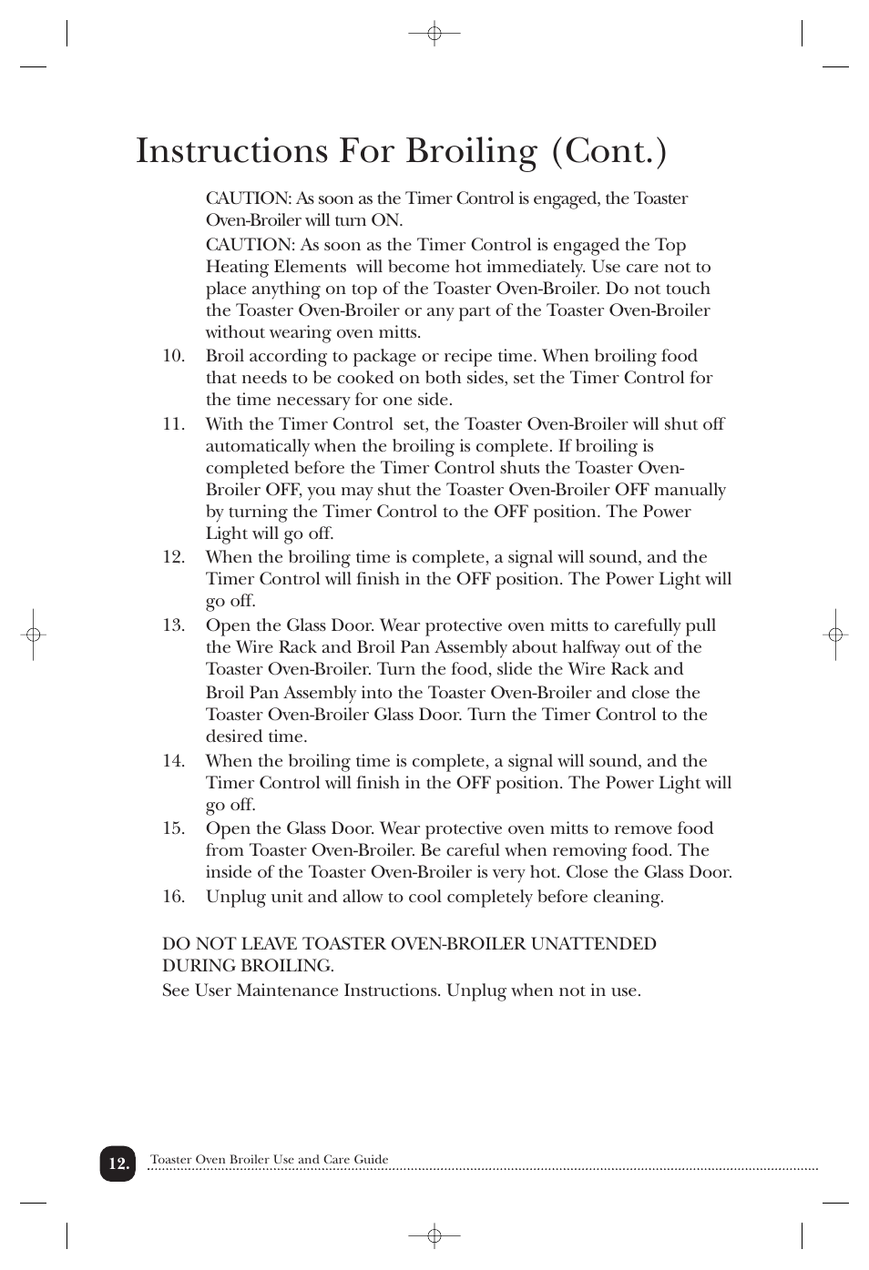 Instructions for broiling (cont.) | Toastmaster TOV200CAN User Manual | Page 13 / 22