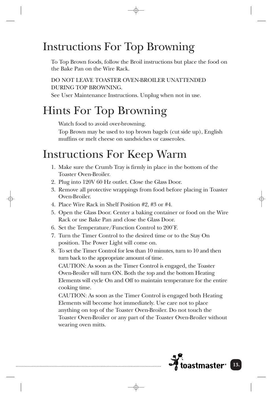 Instructions for top browning, Hints for top browning, Instructions for keep warm | Toastmaster TOV200CAN User Manual | Page 14 / 22