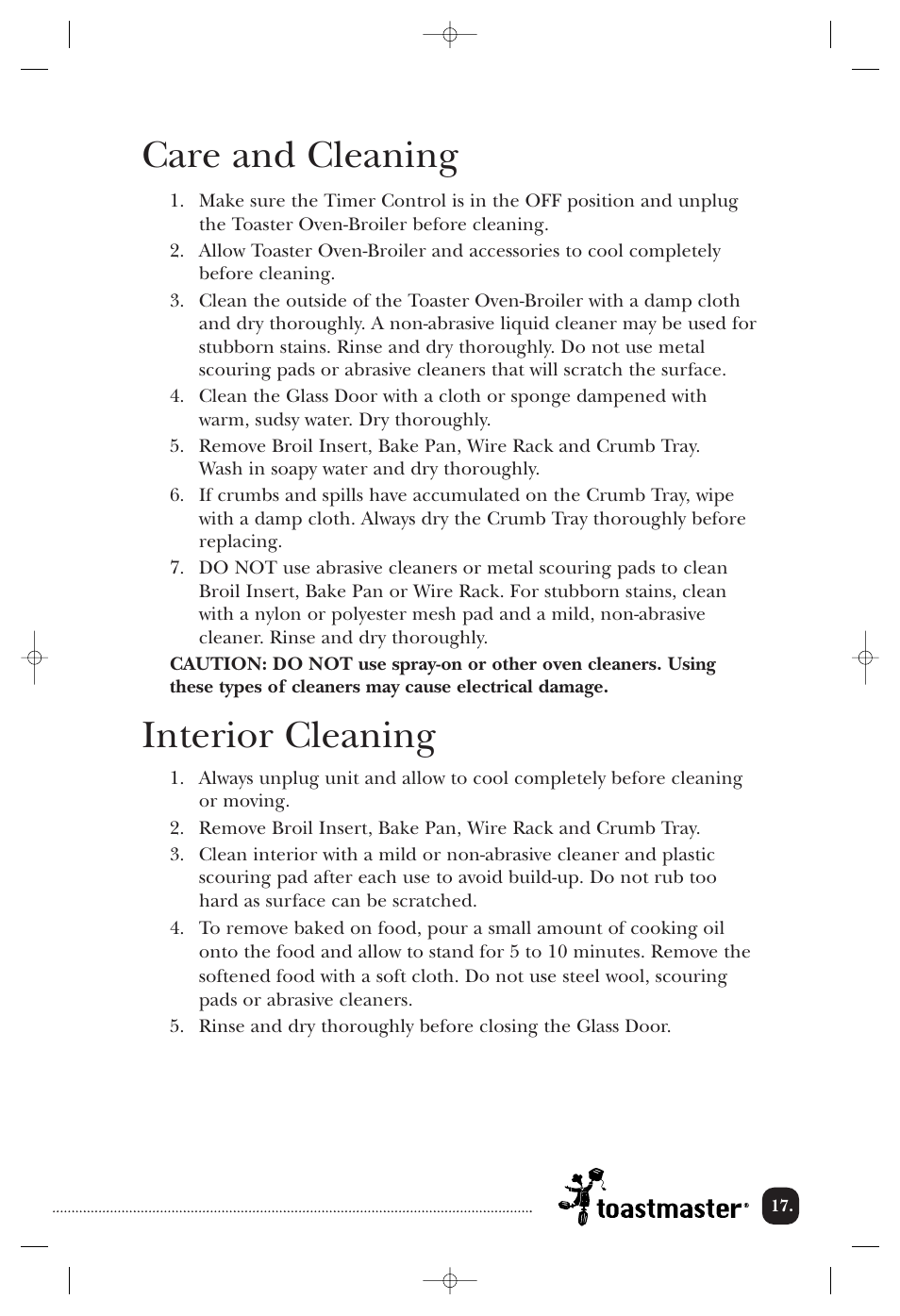 Care and cleaning, Interior cleaning | Toastmaster TOV200CAN User Manual | Page 18 / 22