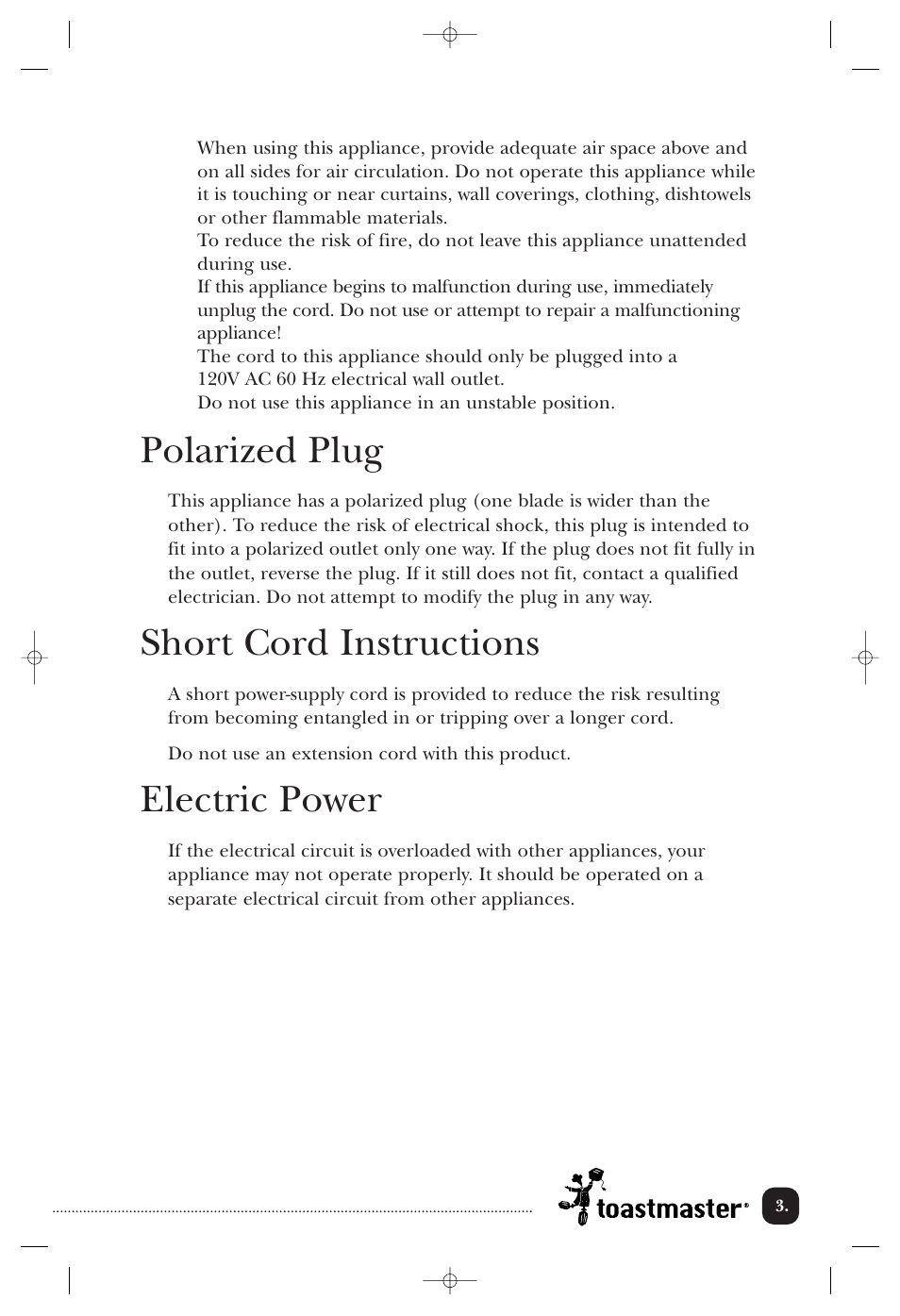 Polarized plug, Short cord instructions, Electric power | Toastmaster TOV200CAN User Manual | Page 4 / 22