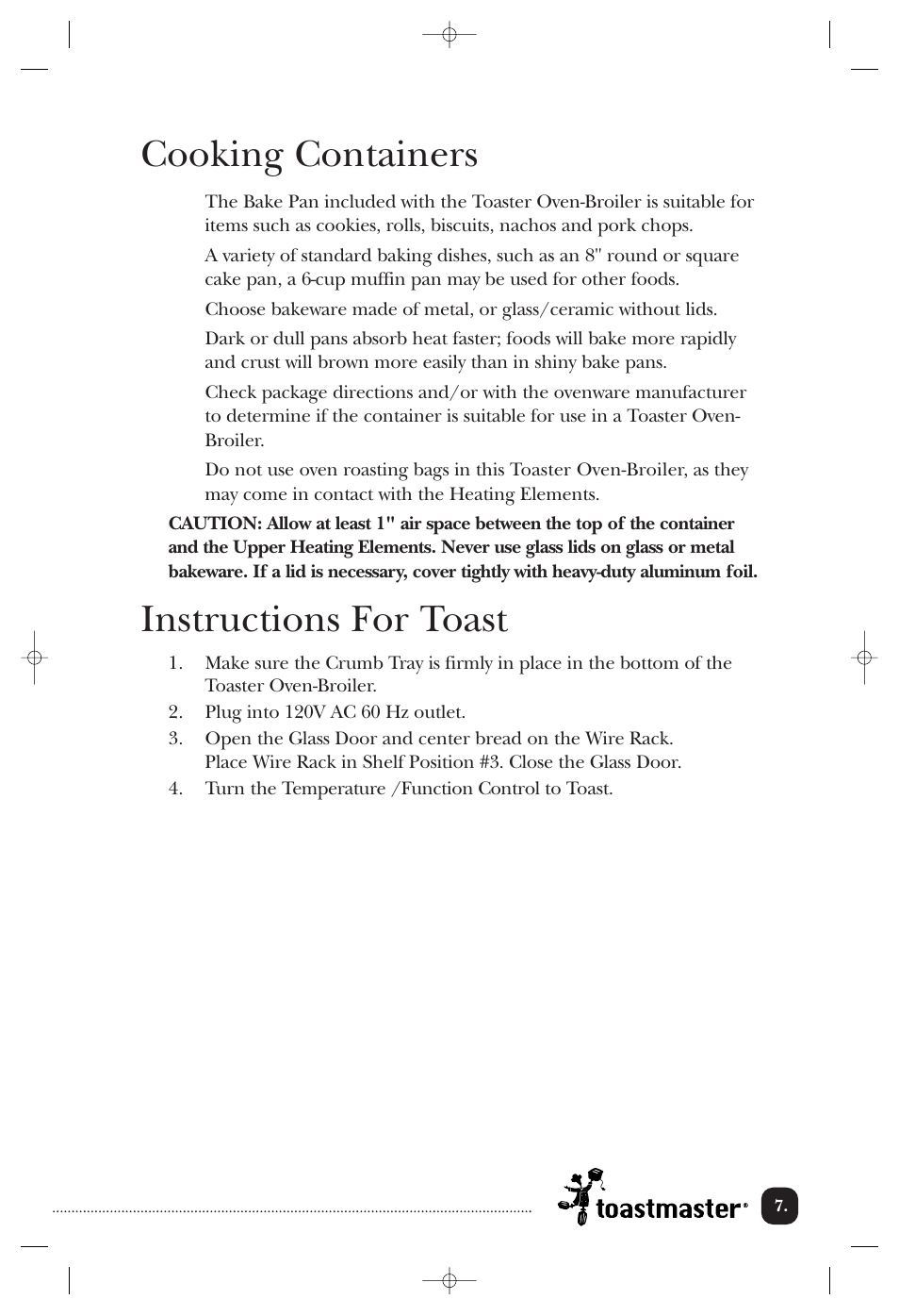 Cooking containers, Instructions for toast | Toastmaster TOV200CAN User Manual | Page 8 / 22