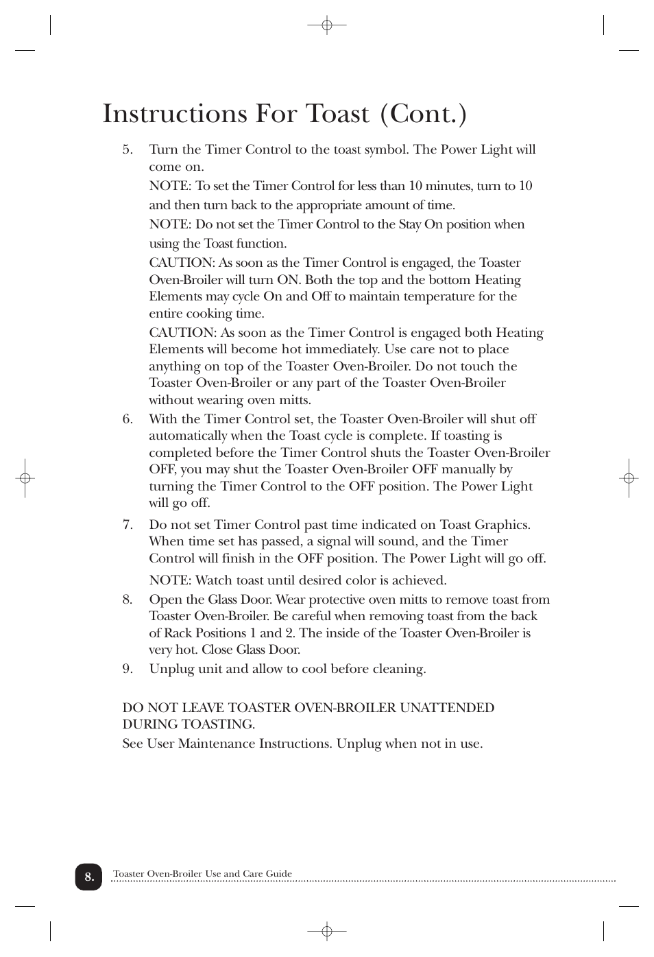 Instructions for toast (cont.) | Toastmaster TOV200CAN User Manual | Page 9 / 22