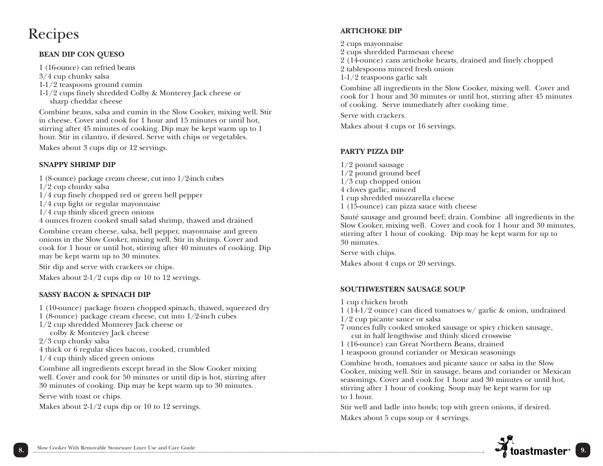 Recipes | Toastmaster TSC15 User Manual | Page 11 / 18