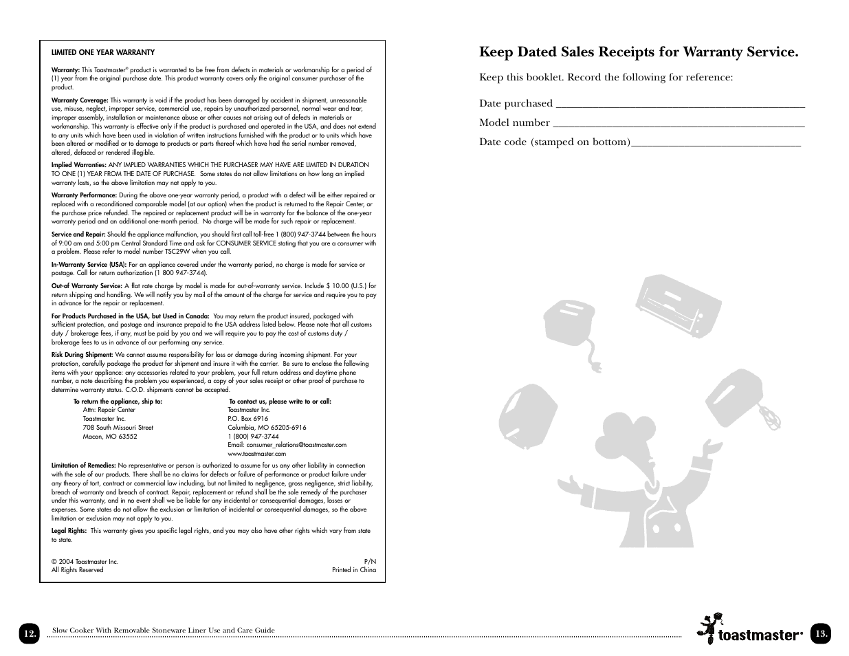 Keep dated sales receipts for warranty service | Toastmaster TSC15 User Manual | Page 14 / 18