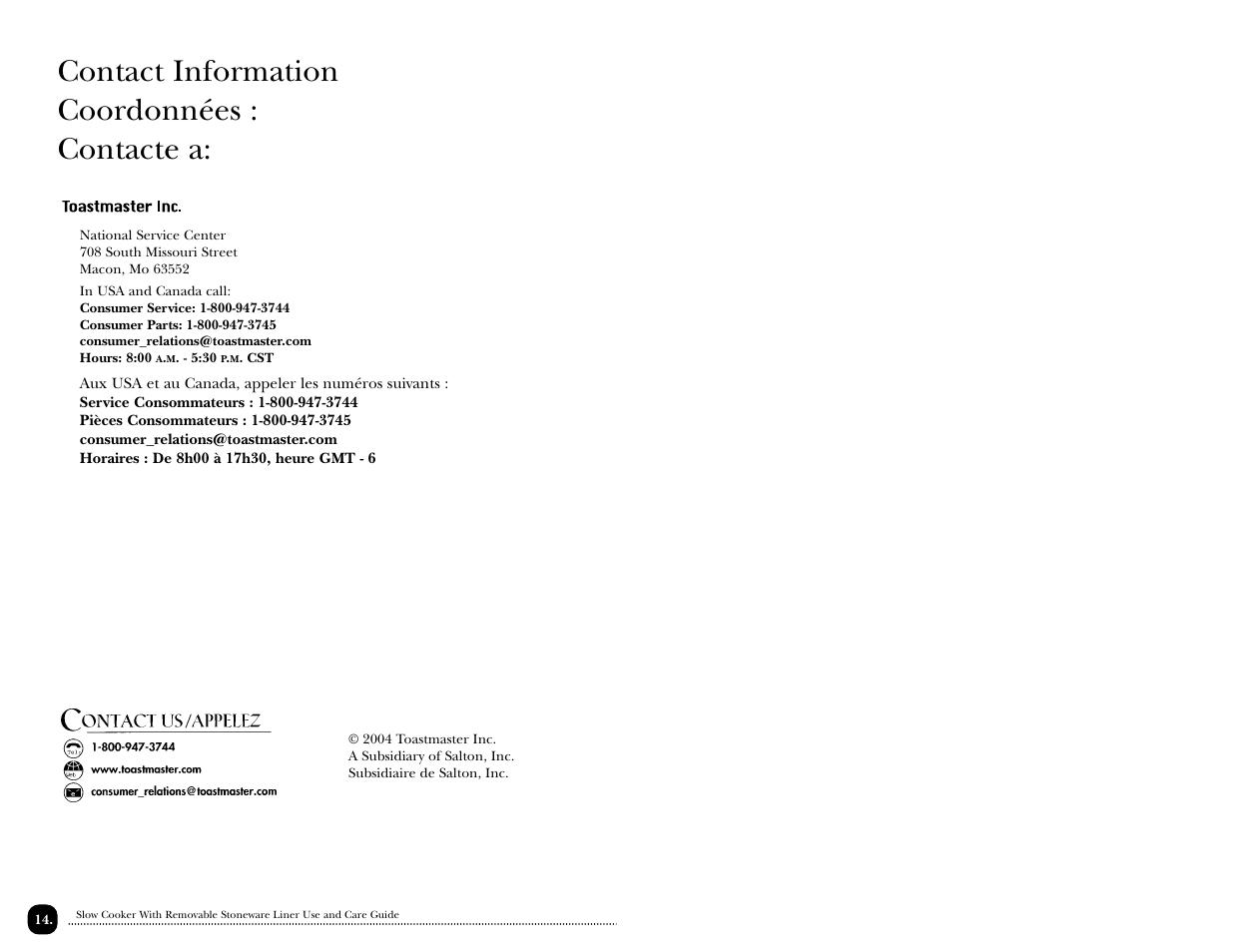 Contact information coordonnées : contacte a | Toastmaster TSC15 User Manual | Page 16 / 18