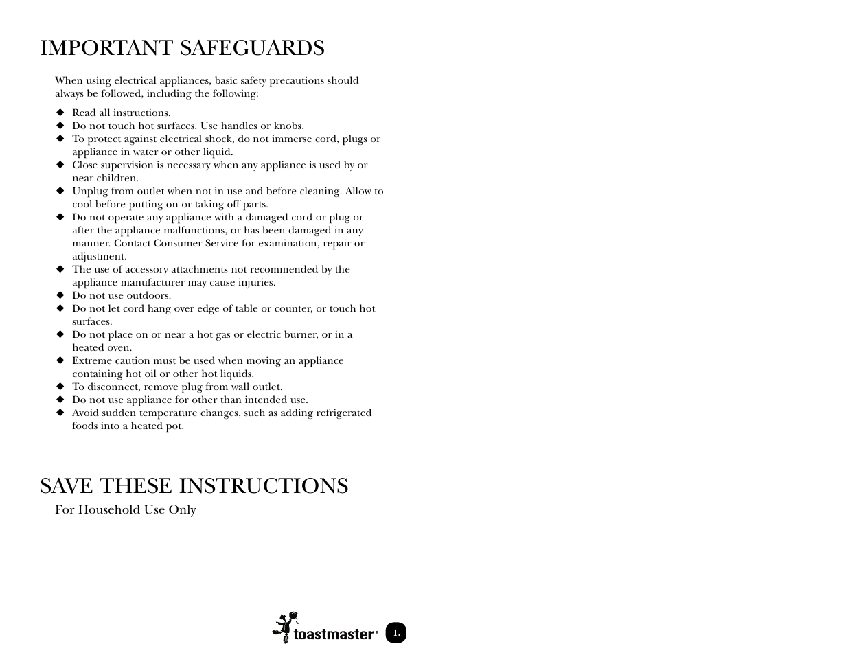Important safeguards, Save these instructions | Toastmaster TSC15 User Manual | Page 3 / 18