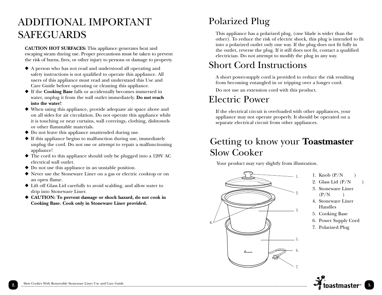 Additional important safeguards, Getting to know your toastmaster slow cooker, Polarized plug | Short cord instructions, Electric power | Toastmaster TSC15 User Manual | Page 4 / 18