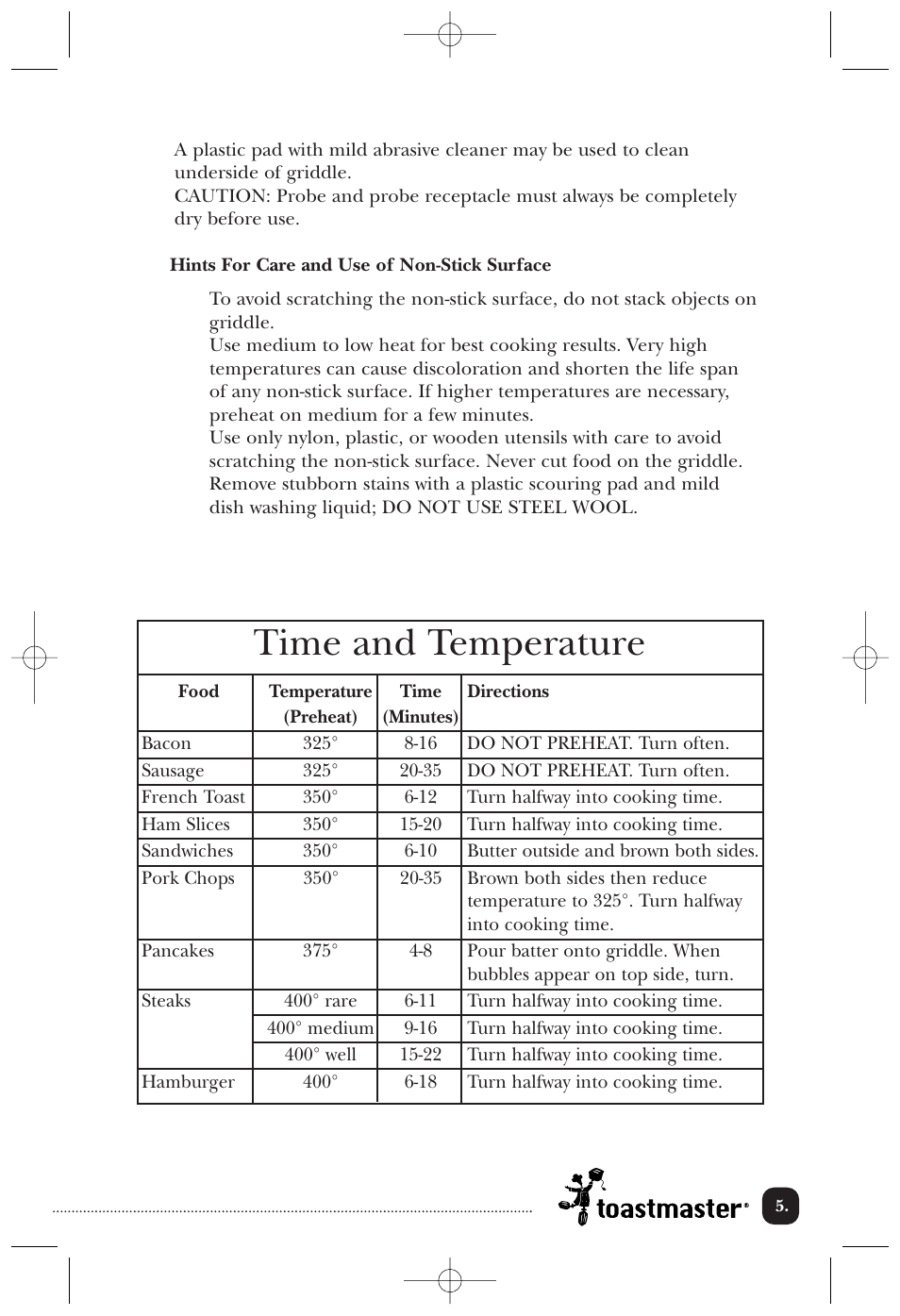 Time and temperature | Toastmaster TG21WCAN  EN User Manual | Page 6 / 9