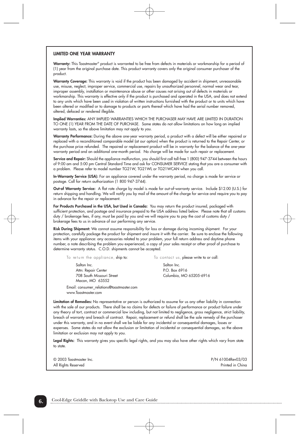 Toastmaster TG21WCAN  EN User Manual | Page 7 / 9