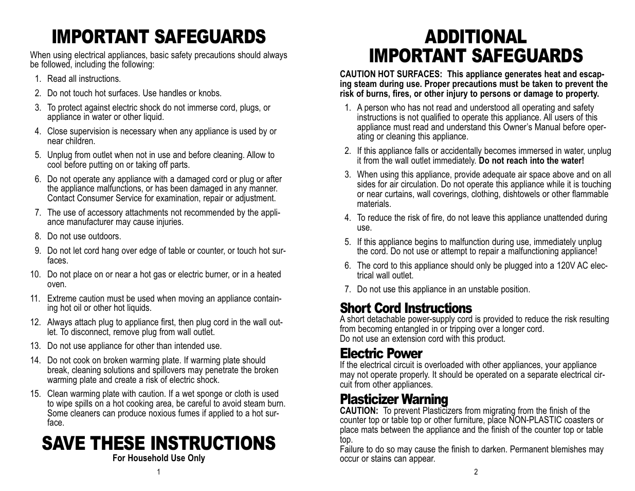 Additional important safeguards, Important safeguards, Save these instructions | Short cord instructions, Electric power, Plasticizer warning | Toastmaster FWTS User Manual | Page 3 / 8