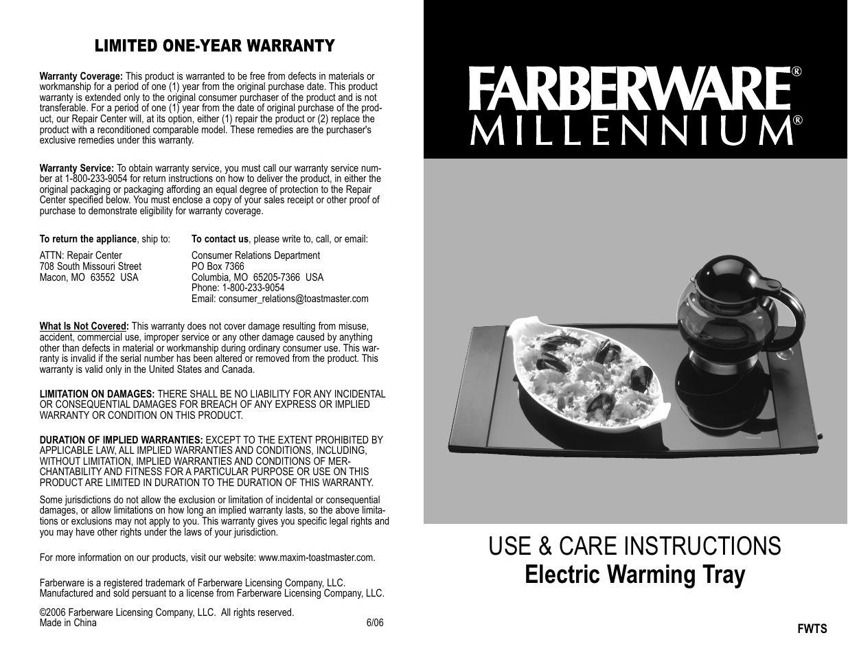 Use & care instructions electric warming tray, Limited one-year warranty | Toastmaster FWTS User Manual | Page 8 / 8