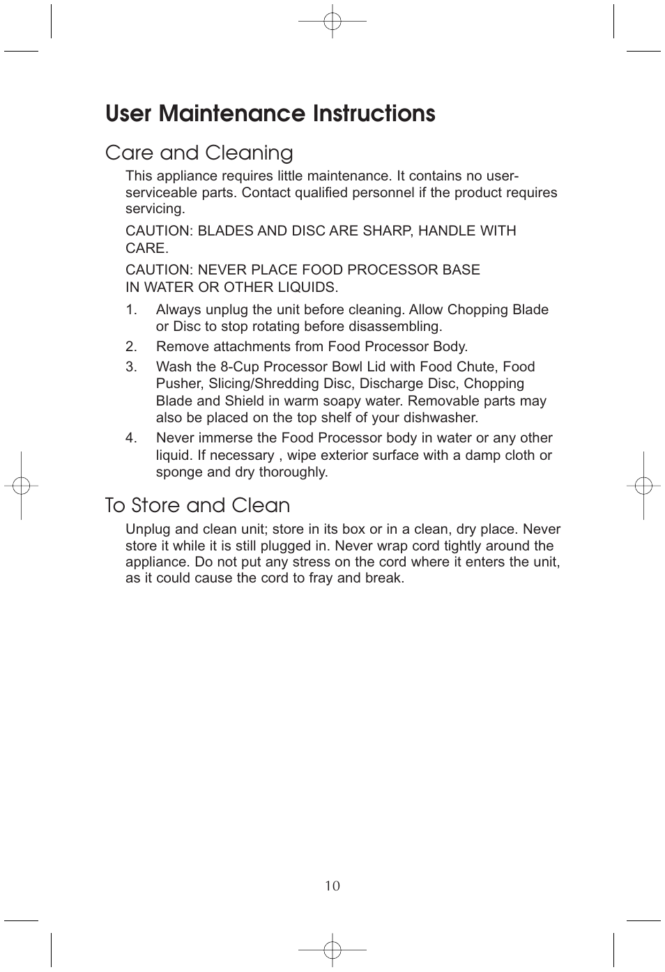 User maintenance instructions, Care and cleaning | Toastmaster RHFP8B User Manual | Page 11 / 18