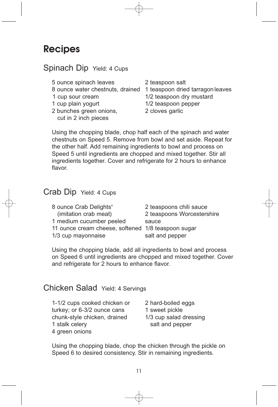 Recipes, Spinach dip, Crab dip | Chicken salad | Toastmaster RHFP8B User Manual | Page 12 / 18