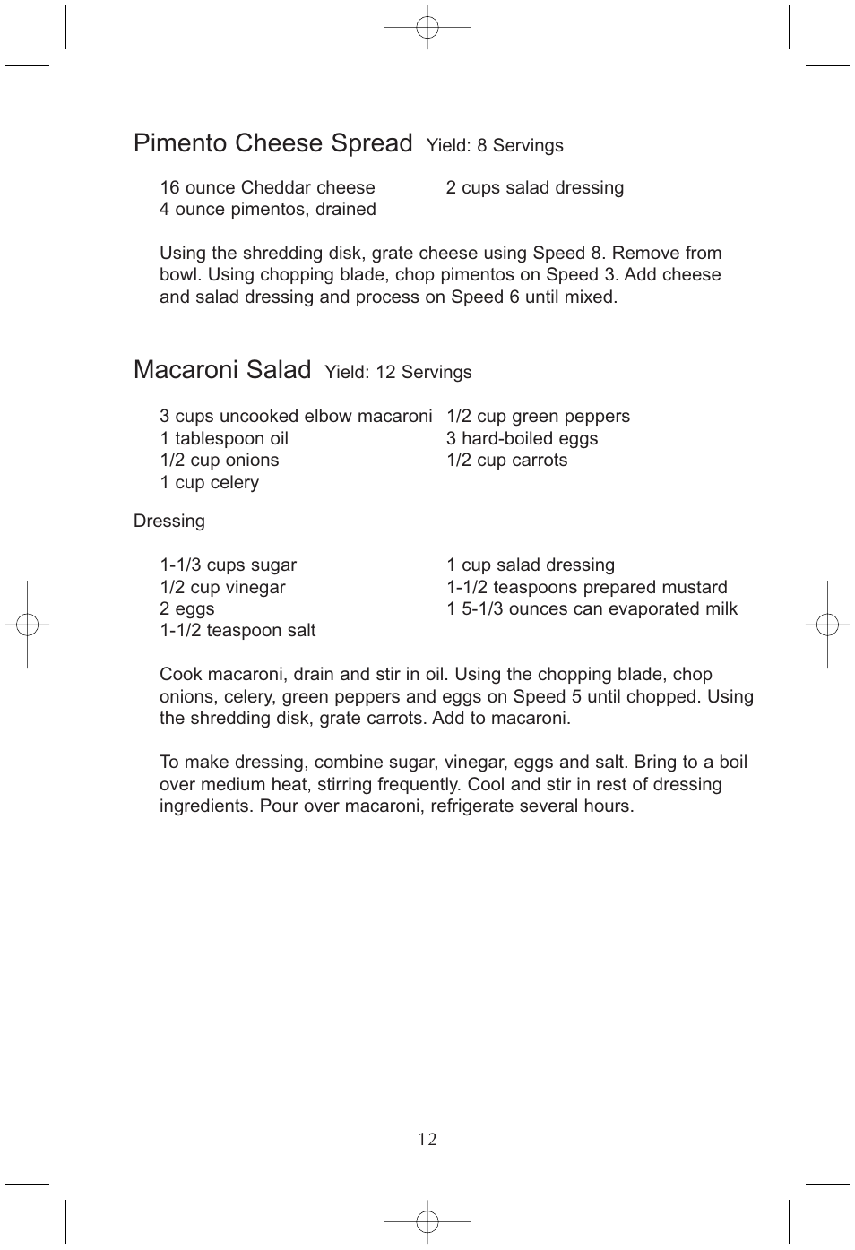 Pimento cheese spread, Macaroni salad | Toastmaster RHFP8B User Manual | Page 13 / 18