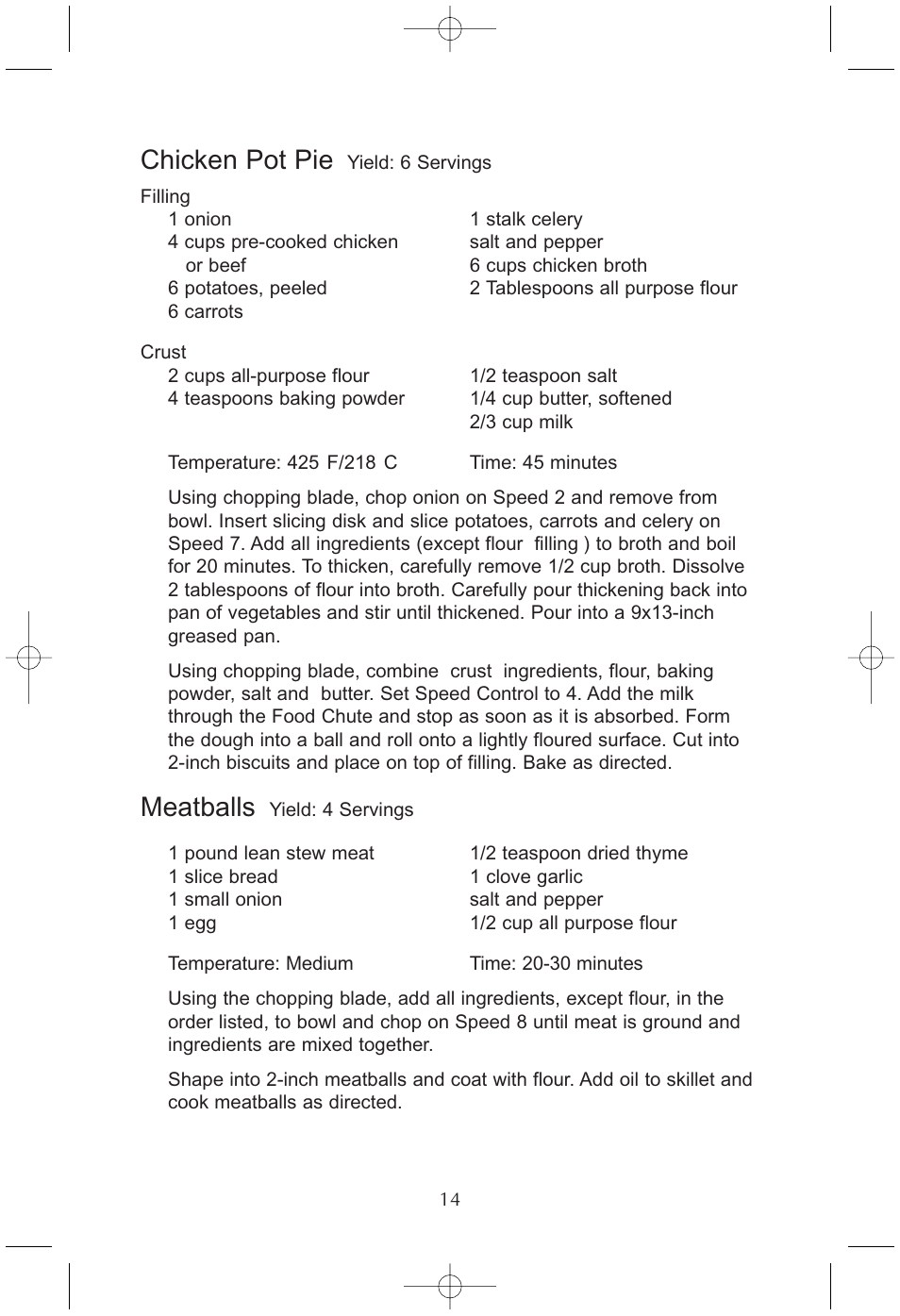 Chicken pot pie, Meatballs | Toastmaster RHFP8B User Manual | Page 15 / 18