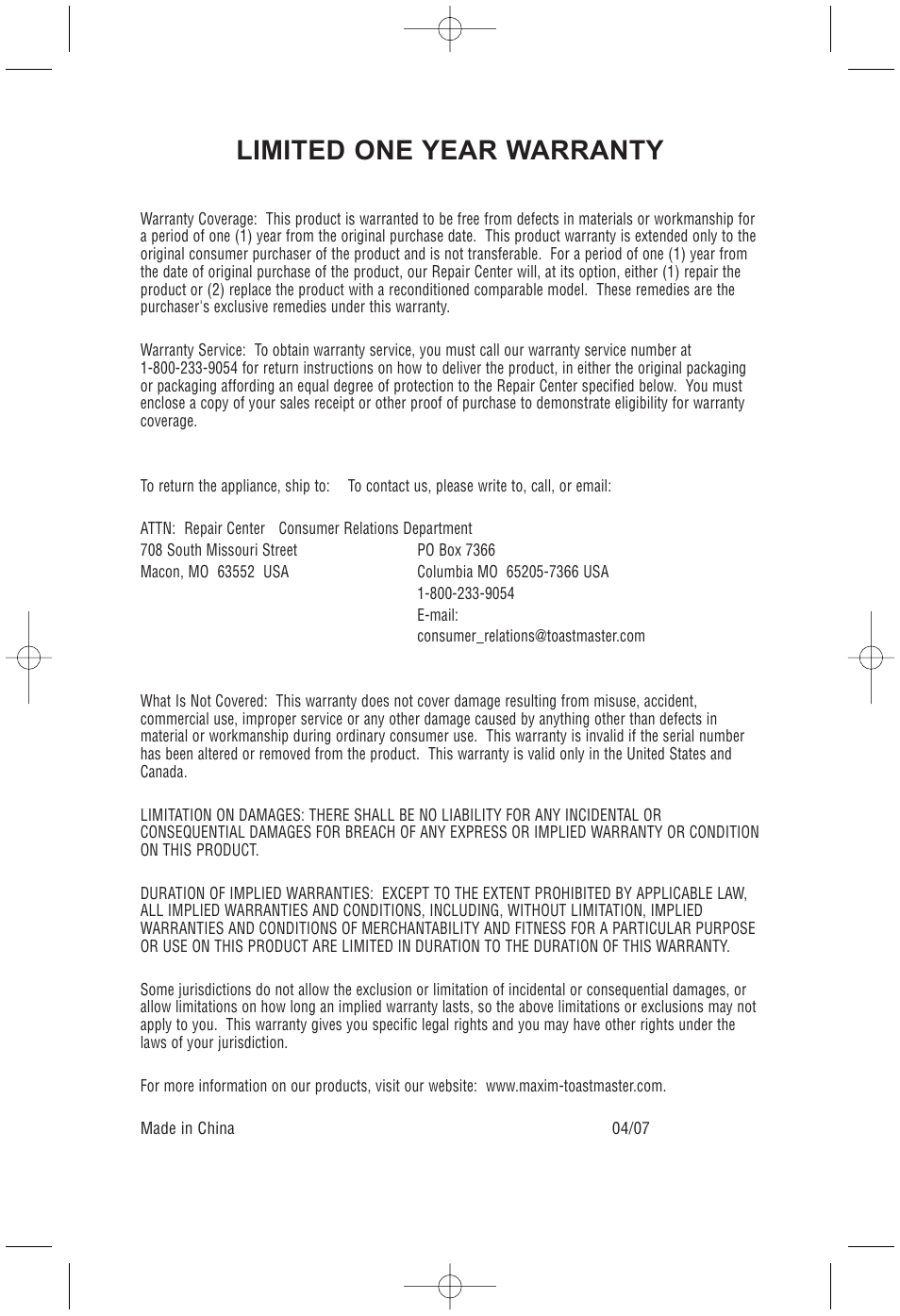 Limited one year warranty | Toastmaster RHFP8B User Manual | Page 18 / 18