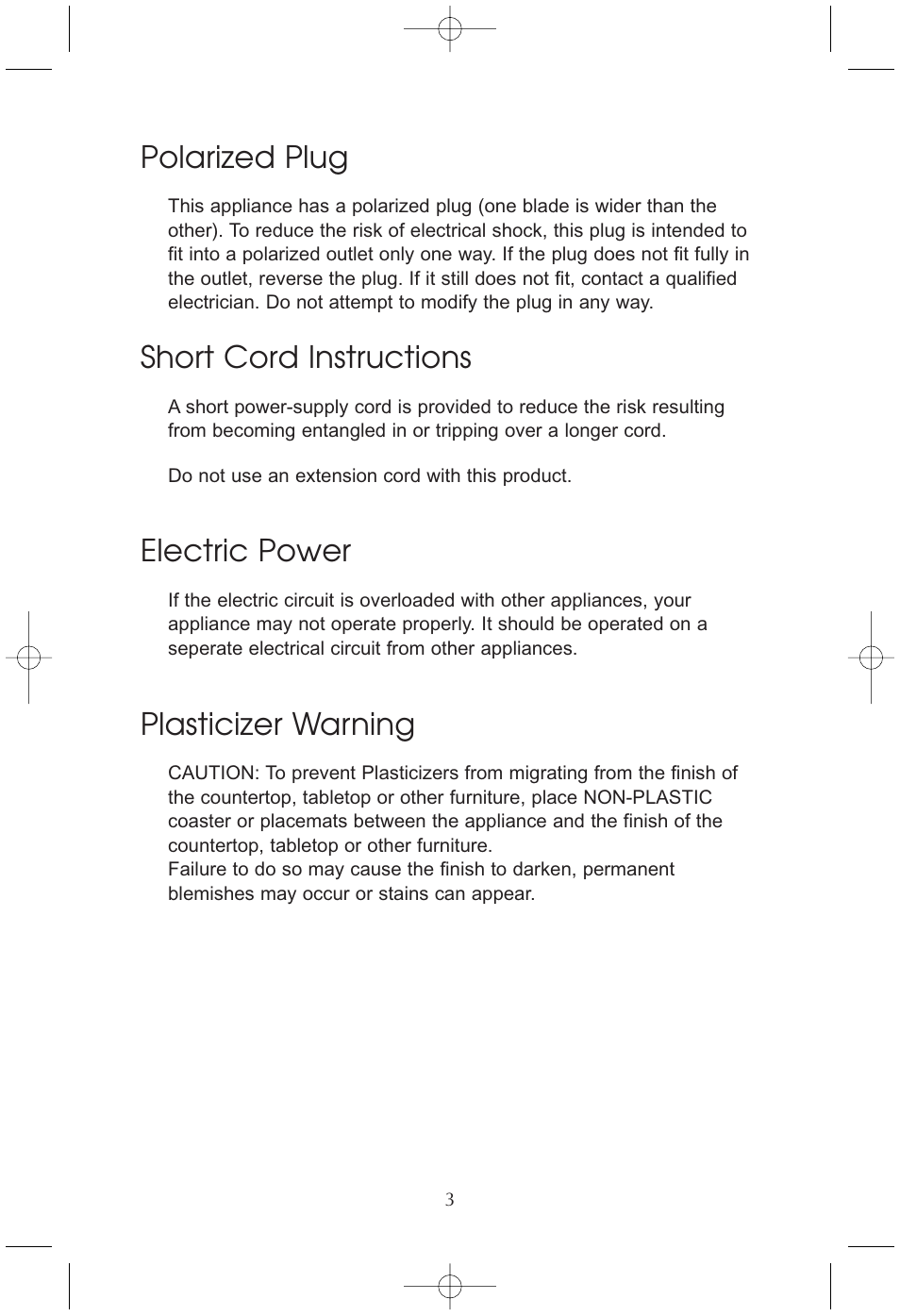 Polarized plug, Short cord instructions, Electric power | Plasticizer warning | Toastmaster RHFP8B User Manual | Page 4 / 18