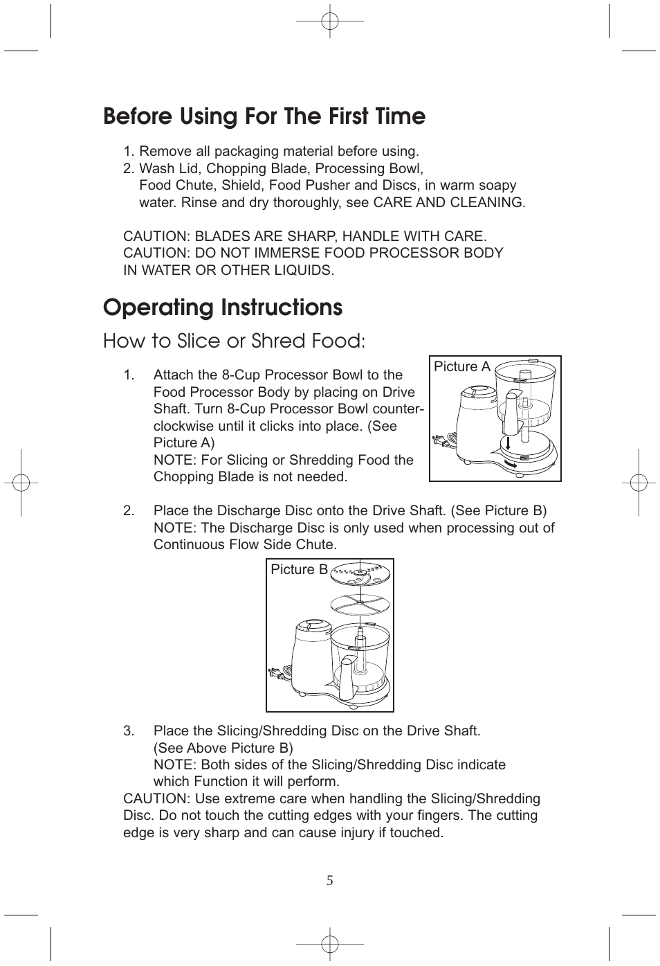 Before using for the first time, Operating instructions, How to slice or shred food | Toastmaster RHFP8B User Manual | Page 6 / 18