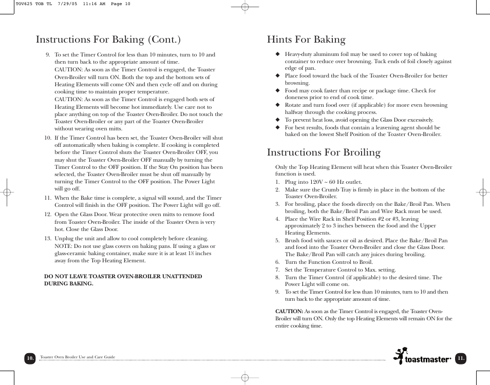 Hints for baking, Instructions for broiling, Instructions for baking (cont.) | Toastmaster TOV625 User Manual | Page 13 / 24