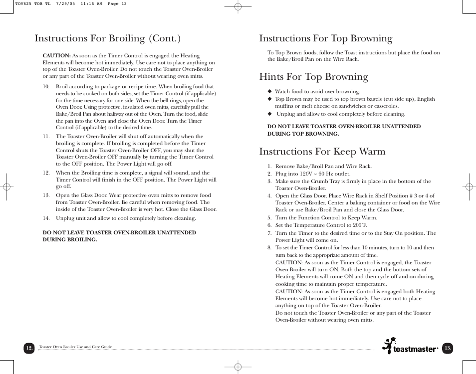 Instructions for top browning, Hints for top browning, Instructions for keep warm | Instructions for broiling (cont.) | Toastmaster TOV625 User Manual | Page 15 / 24