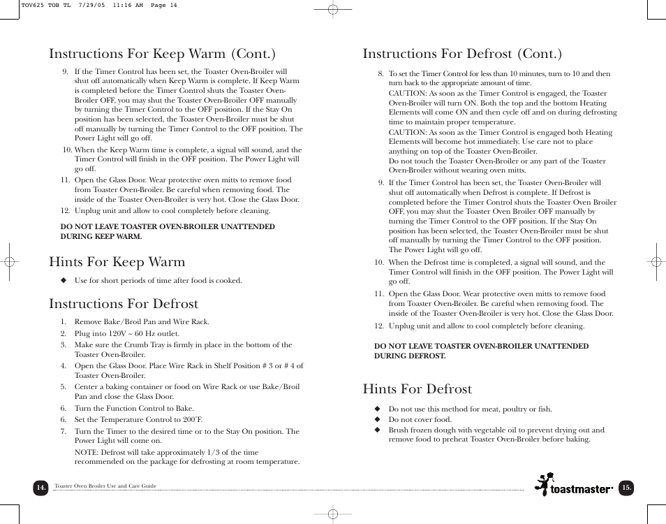 Instructions for defrost (cont.), Hints for defrost, Instructions for keep warm (cont.) | Hints for keep warm, Instructions for defrost | Toastmaster TOV625 User Manual | Page 17 / 24