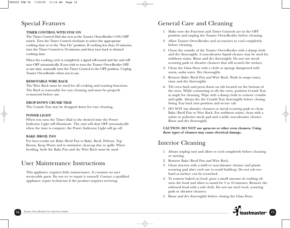 General care and cleaning, Interior cleaning, Special features | User maintenance instructions | Toastmaster TOV625 User Manual | Page 19 / 24