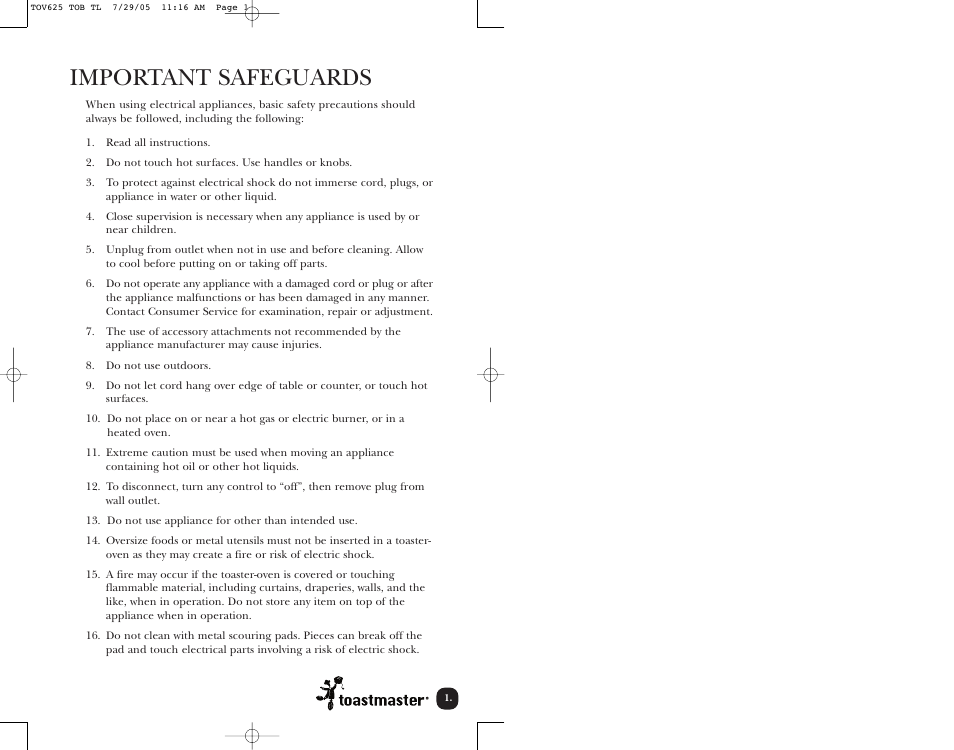 Important safeguards | Toastmaster TOV625 User Manual | Page 2 / 24