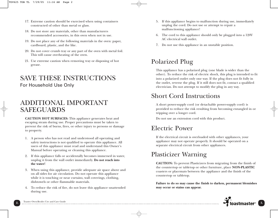Additional important safeguards, Save these instructions, Polarized plug | Short cord instructions, Electric power, Plasticizer warning | Toastmaster TOV625 User Manual | Page 5 / 24