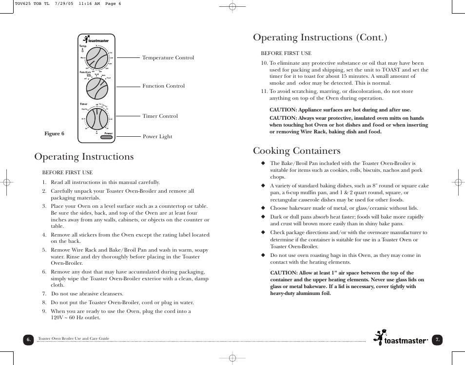 Operating instructions (cont.), Cooking containers, Operating instructions | Toastmaster TOV625 User Manual | Page 9 / 24