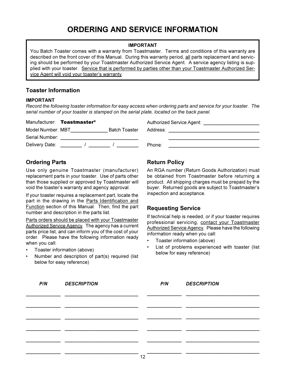 Ordering and service information | Toastmaster MBT240 User Manual | Page 12 / 16