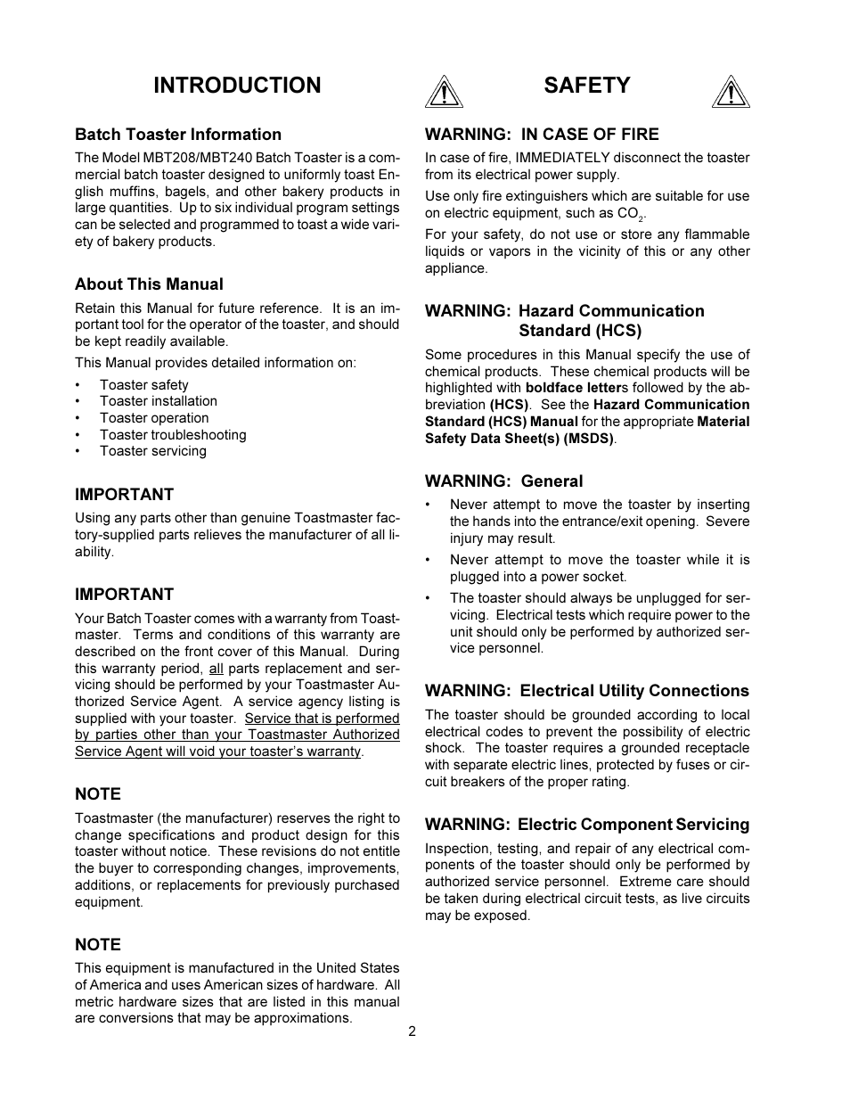 Introduction, Safety | Toastmaster MBT240 User Manual | Page 2 / 16