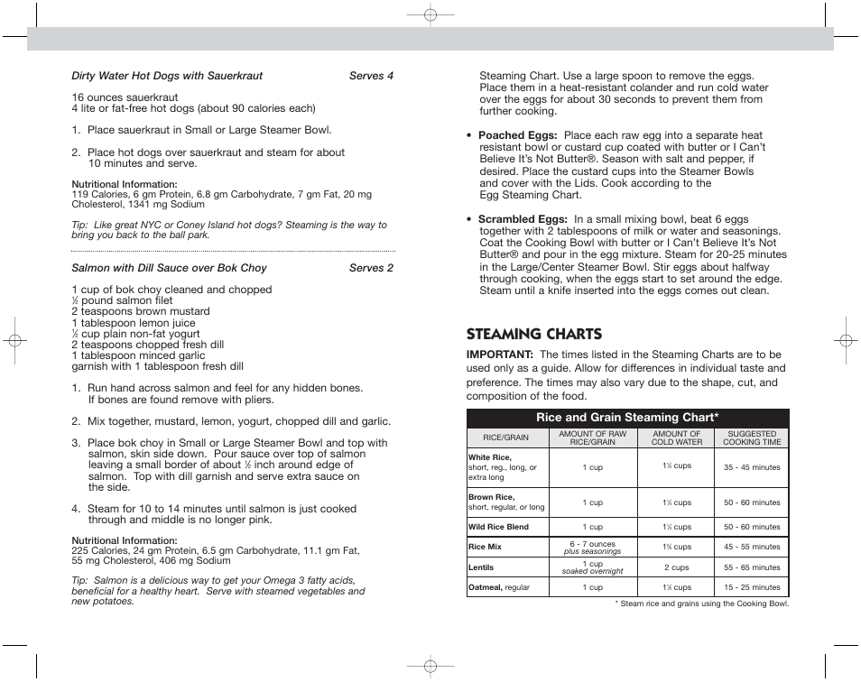 Steaming charts, Rice and grain steaming chart | Toastmaster EST7 INF User Manual | Page 19 / 48