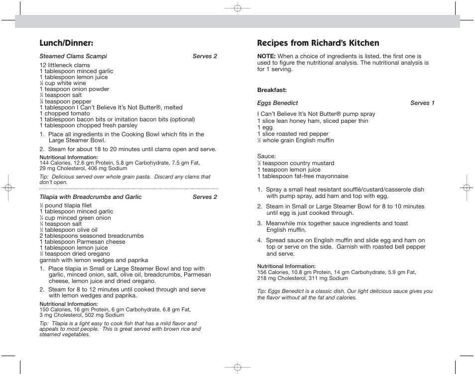 Recipes from richard’s kitchen, Lunch/dinner | Toastmaster EST7 INF User Manual | Page 26 / 48