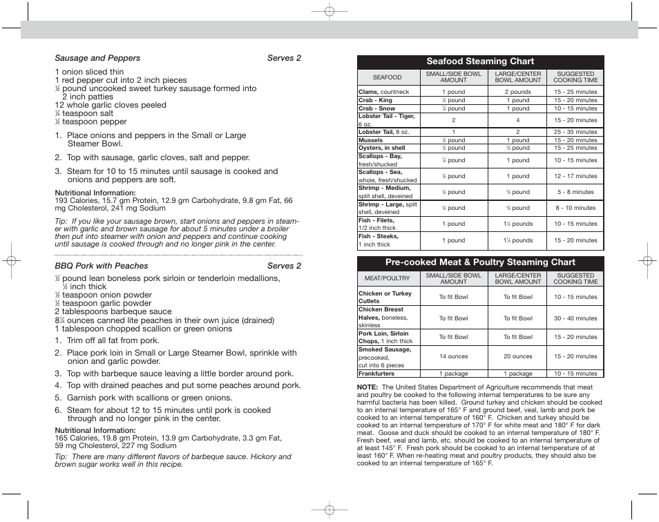 Seafood steaming chart, Pre-cooked meat & poultry steaming chart, Teaspoon salt | Bbq pork with peaches serves 2, Inch thick, Teaspoon onion powder | Toastmaster EST7 INF User Manual | Page 28 / 48