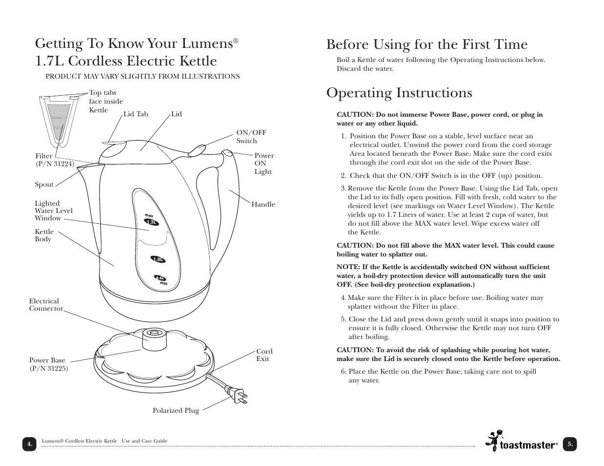 Before using for the first time, Operating instructions, Getting to know your lumens | 7l cordless electric kettle | Toastmaster TK17B User Manual | Page 5 / 11