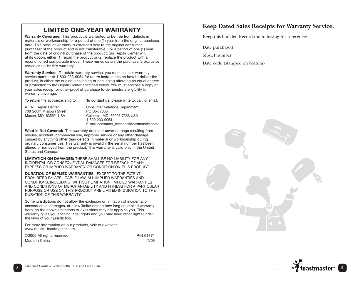 Limited one-year warranty, Keep dated sales receipts for warranty service | Toastmaster TK17B User Manual | Page 9 / 11