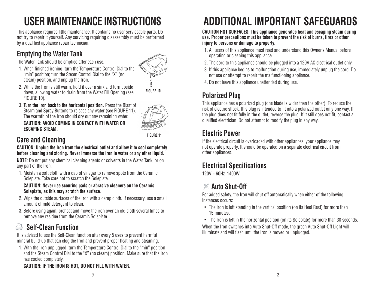 User maintenance instructions, Additional important safeguards, Emptying the water tank | Care and cleaning, Self-clean function, Polarized plug, Electric power, Electrical specifications, Auto shut-off | Toastmaster WST5017 User Manual | Page 10 / 12