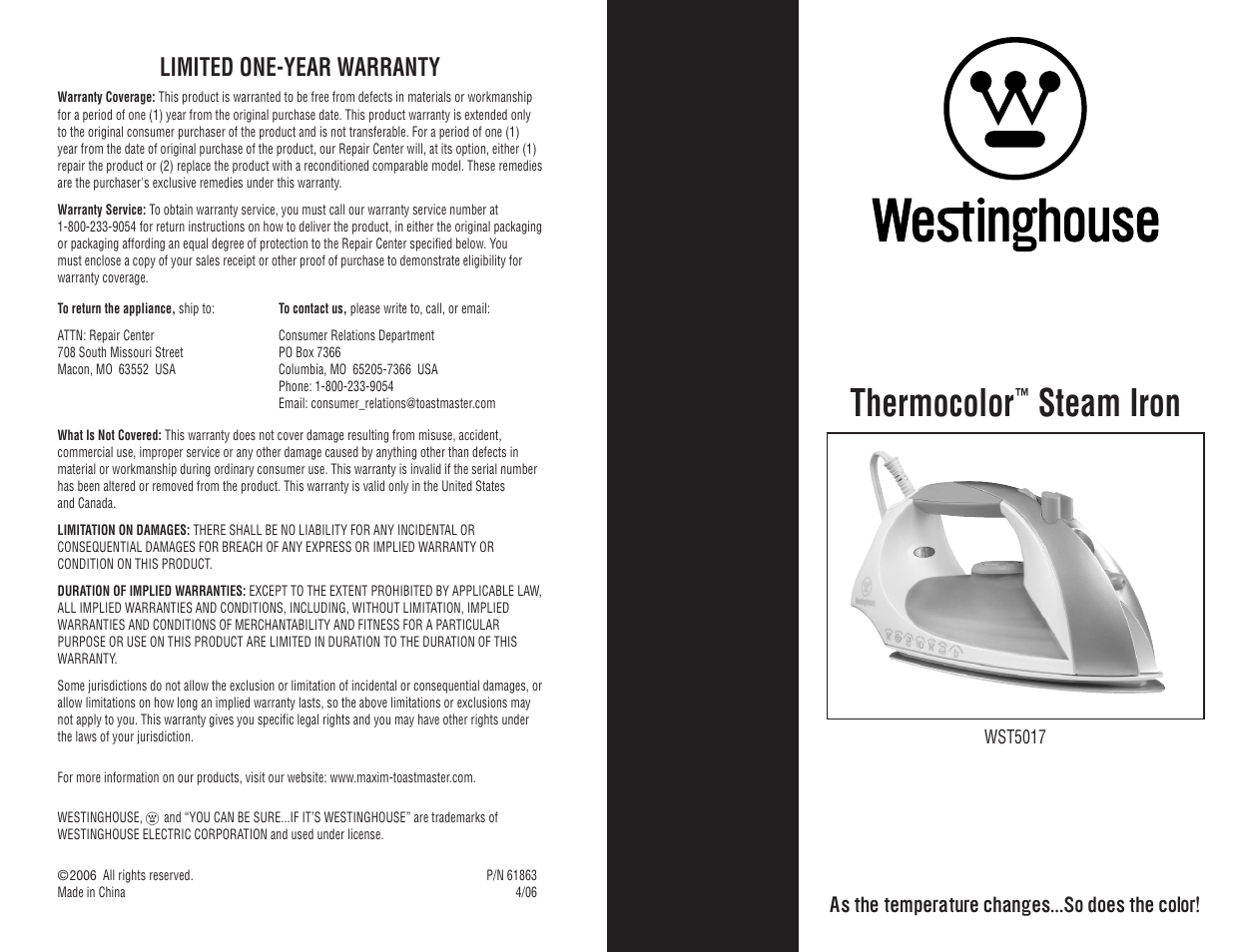 Thermocolor, Steam iron, Limited one-year warranty | As the temperature changes...so does the color | Toastmaster WST5017 User Manual | Page 12 / 12