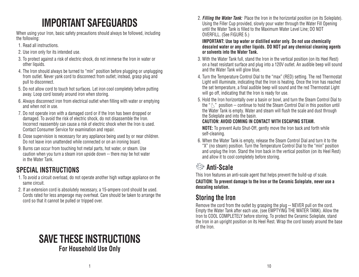 Important safeguards, Save these instructions, Anti-scale | Storing the iron, Special instructions, For household use only | Toastmaster WST5017 User Manual | Page 2 / 12