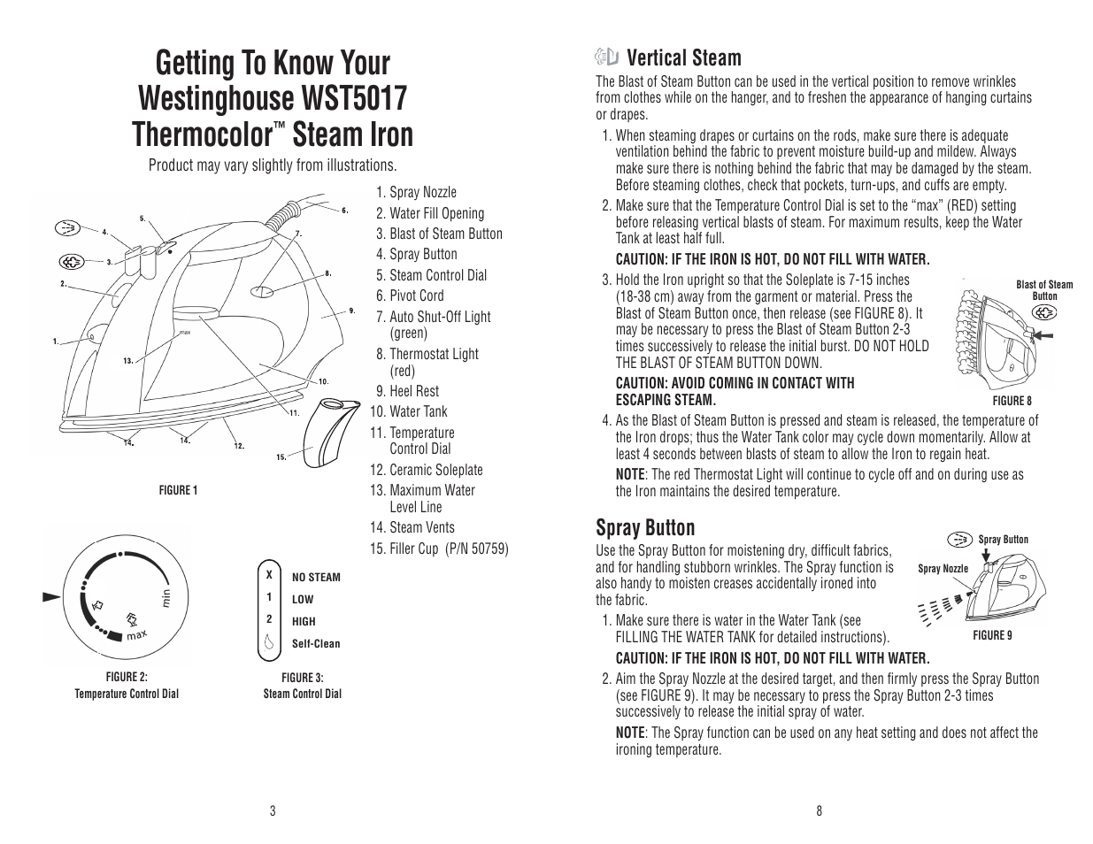 Steam iron, Vertical steam, Spray button | Toastmaster WST5017 User Manual | Page 4 / 12