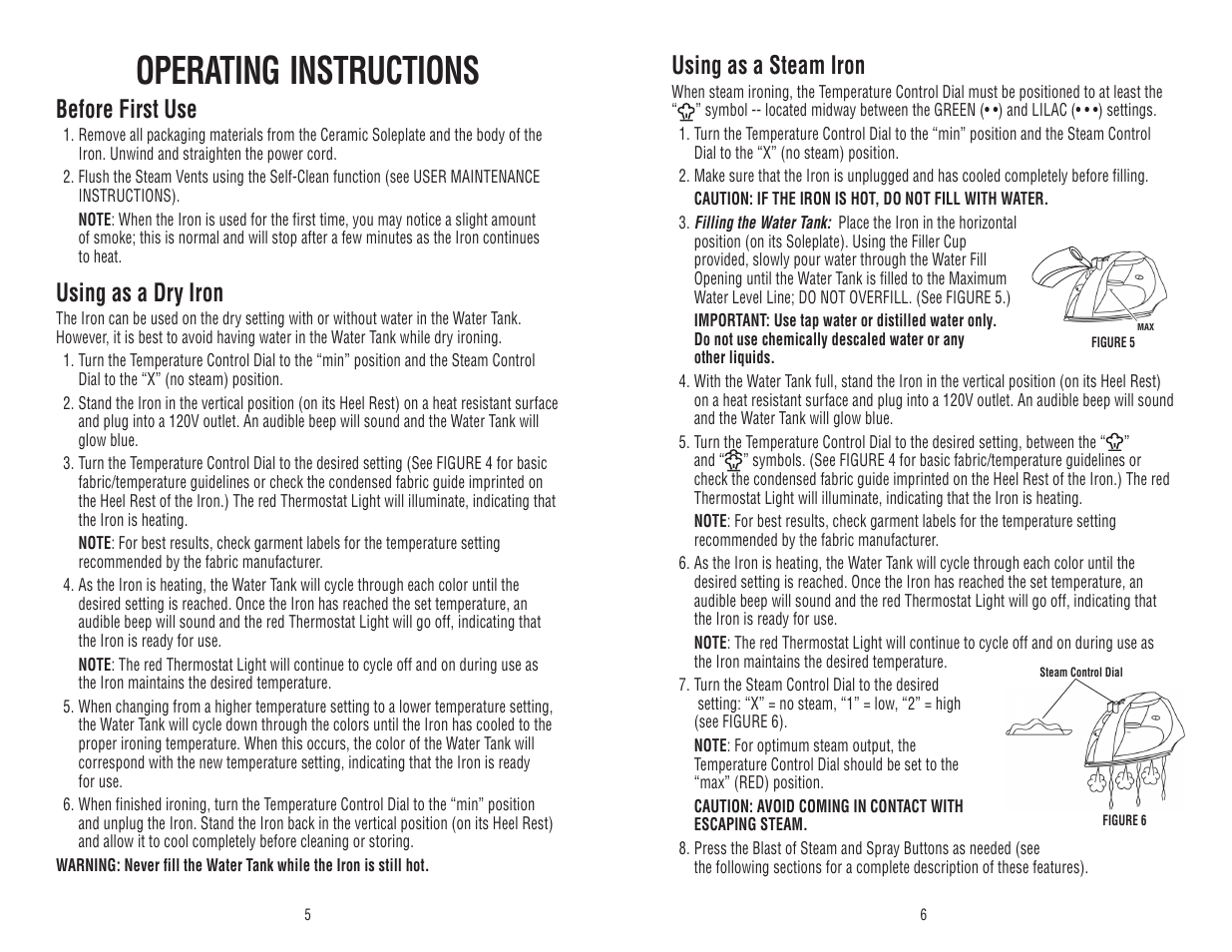 Operating instructions, Using as a steam iron, Before first use | Using as a dry iron | Toastmaster WST5017 User Manual | Page 6 / 12