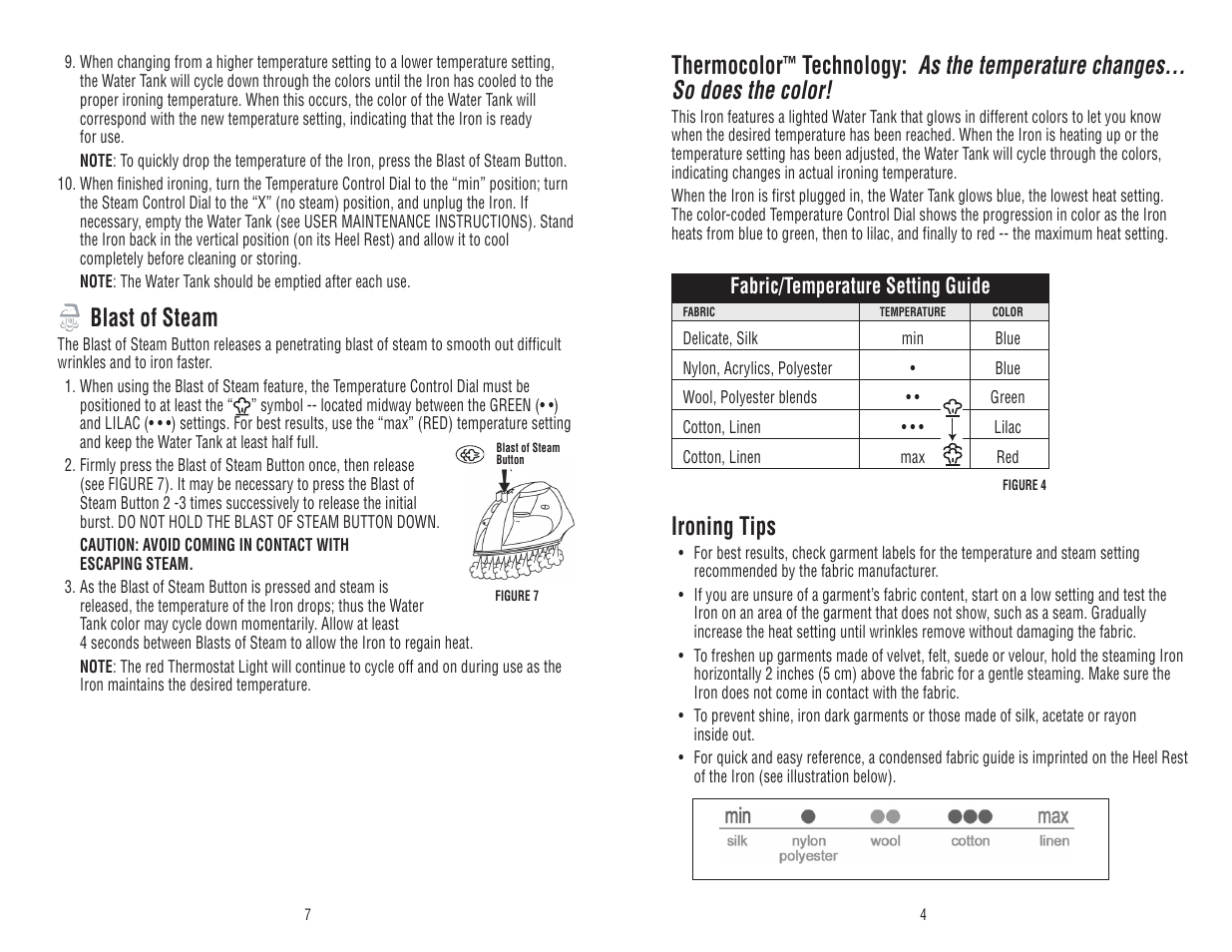 Blast of steam, Thermocolor, Ironing tips | Toastmaster WST5017 User Manual | Page 8 / 12