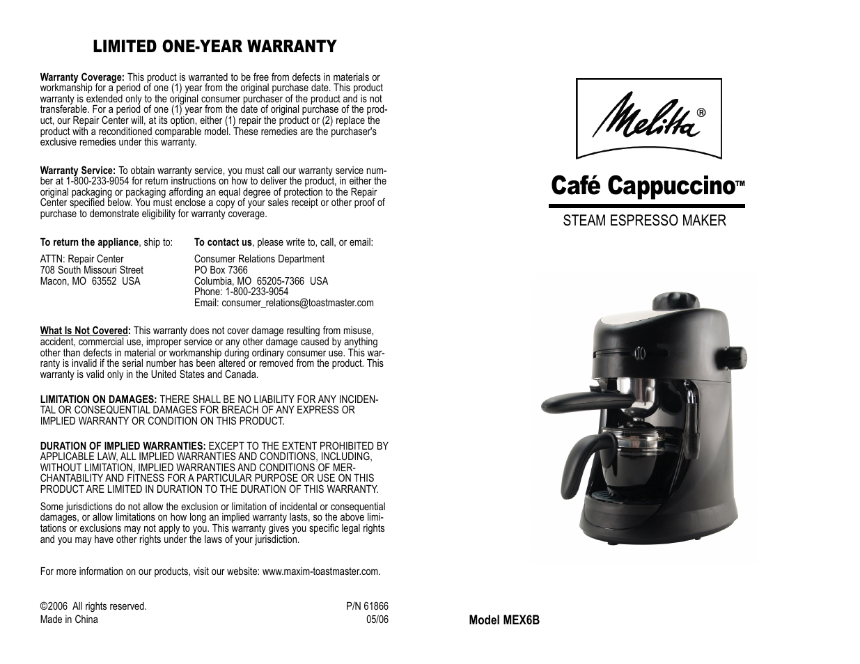 Café cappuccino, Limited one-year warranty | Toastmaster MEX6B User Manual | Page 14 / 14