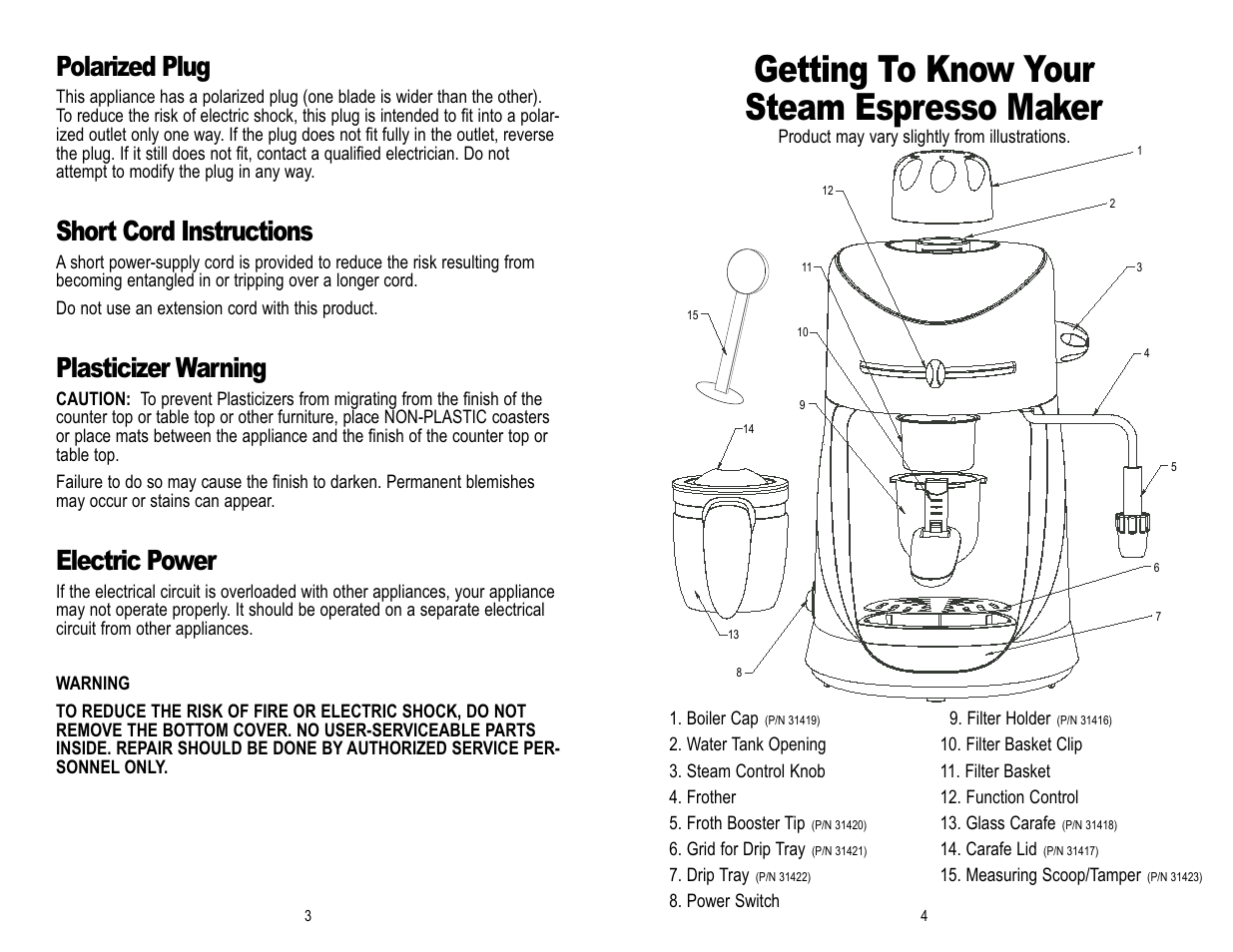 Getting to know your steam espresso maker, Polarized plug, Short cord instructions | Plasticizer warning, Electric power | Toastmaster MEX6B User Manual | Page 4 / 14