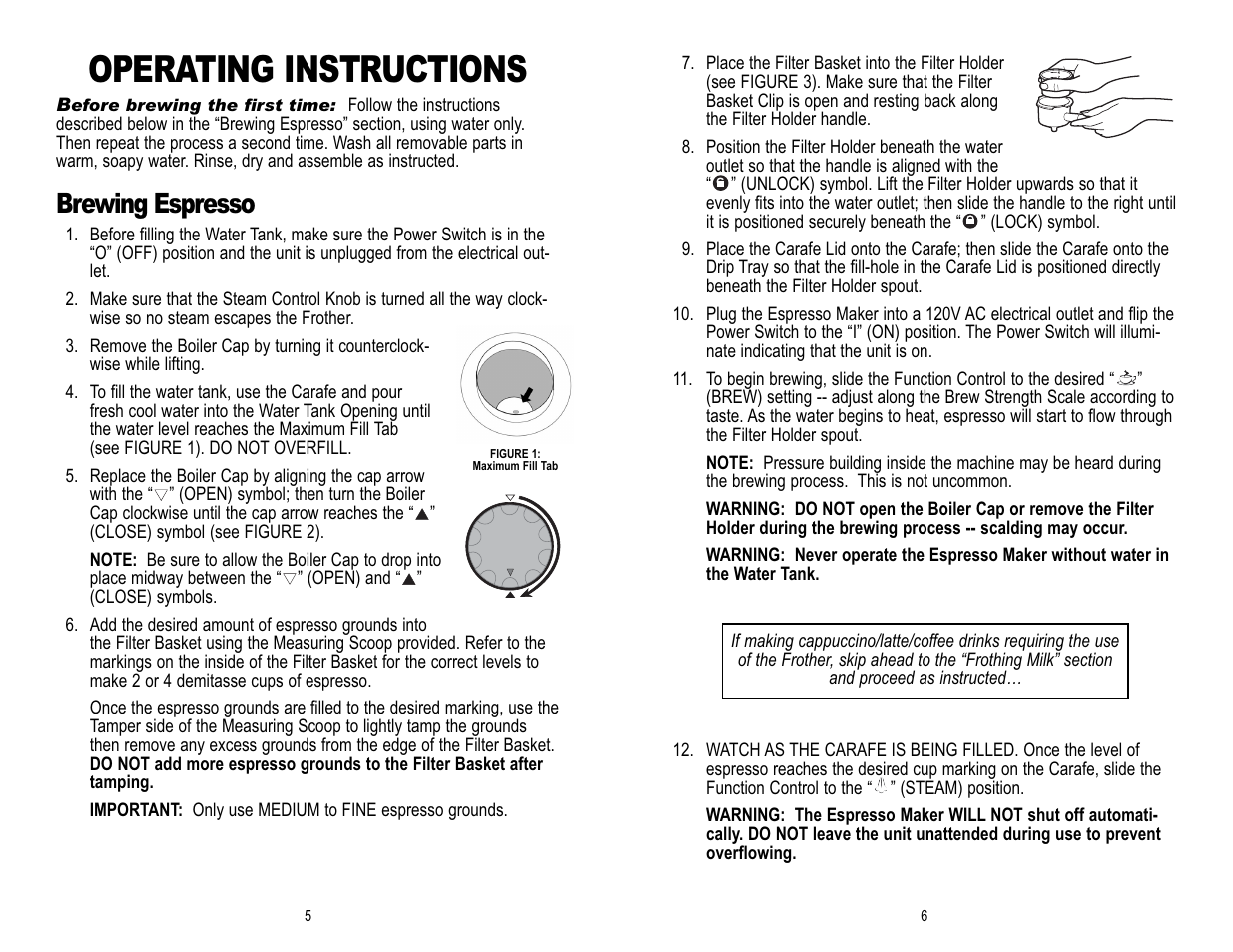 Operating instructions, Brewing espresso | Toastmaster MEX6B User Manual | Page 6 / 14