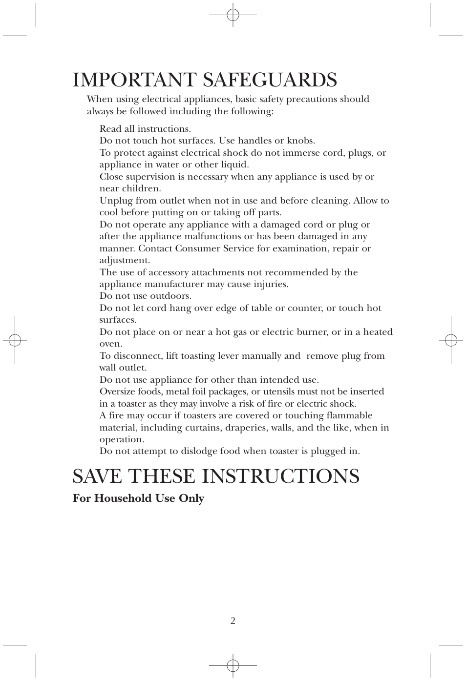 Important safeguards, Save these instructions | Toastmaster T100 User Manual | Page 2 / 7